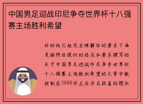 中国男足迎战印尼争夺世界杯十八强赛主场胜利希望