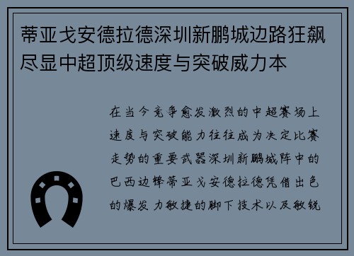 蒂亚戈安德拉德深圳新鹏城边路狂飙尽显中超顶级速度与突破威力本